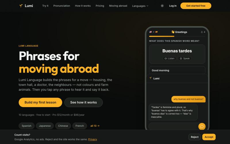 Lumi Language — AI phrases for moving abroad, not streaks — screenshot