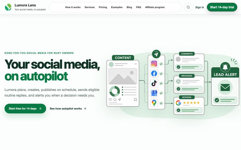 Social Media Management Automation | Lumora Lens — screenshot