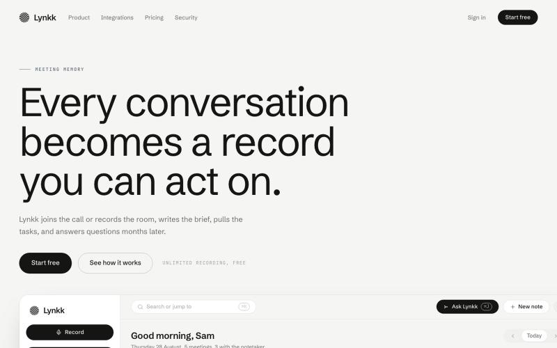 Lynkk: AI Meeting Notes & Conversation Intelligence — screenshot