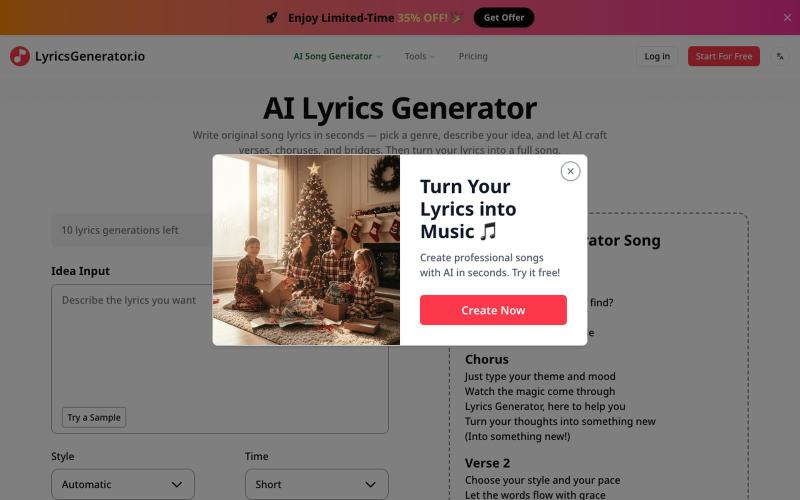 AI Lyrics Generator - Free Song Lyrics Maker | LyricsGenerator.io — screenshot