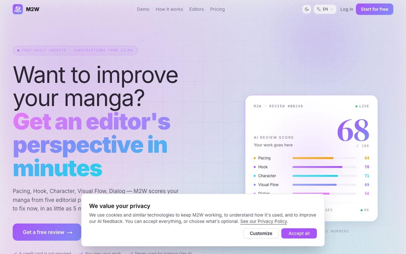 Manga Critique & Feedback Tool | M2W — AI Manga Editor for Your Manga — screenshot