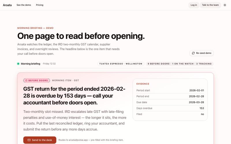 Aroata — NZ overnight ops desk for cafés & small business · Aroata — screenshot