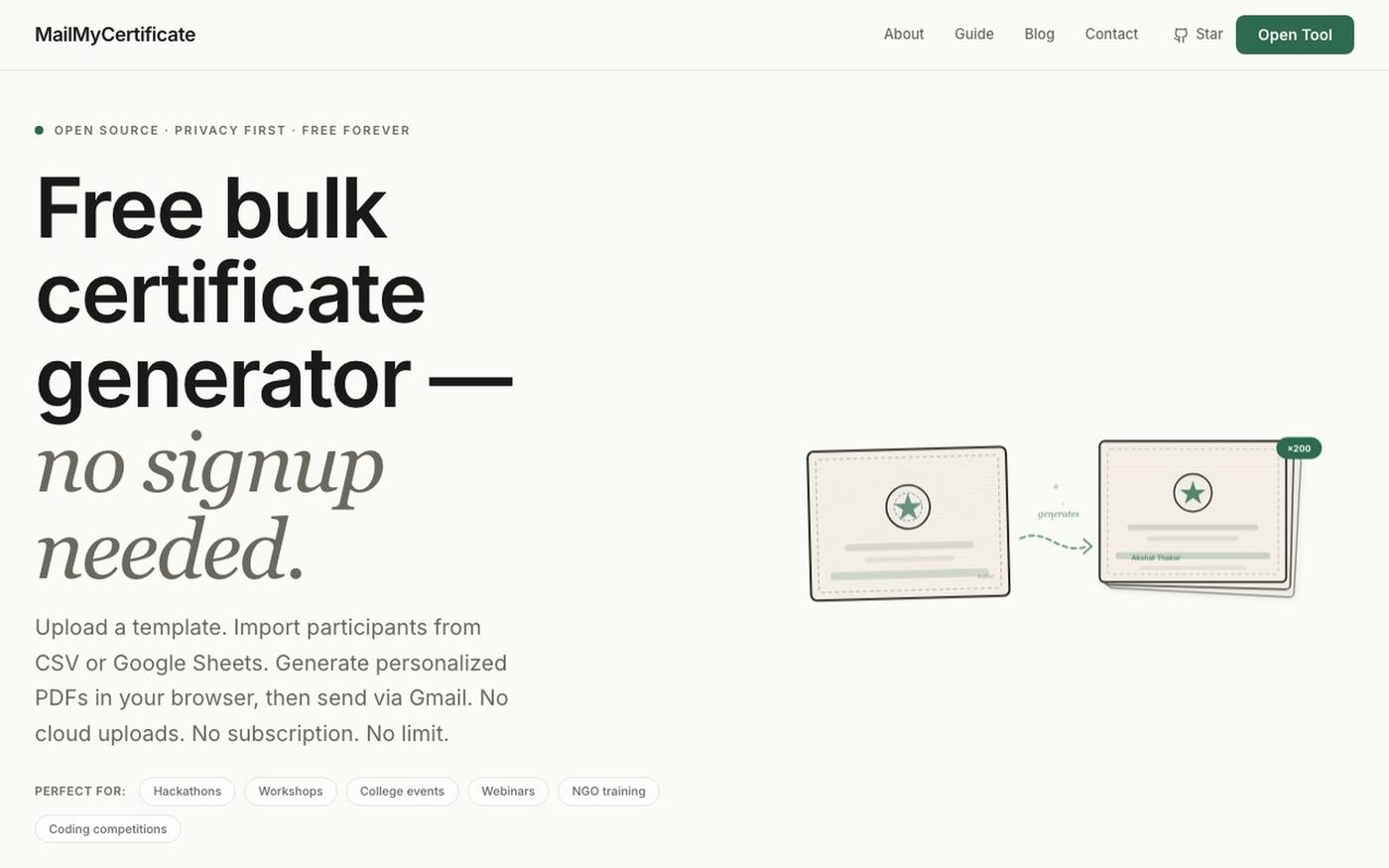 MailMyCertificate | Free Bulk Certificate Generator — screenshot
