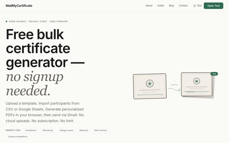 MailMyCertificate | Free Bulk Certificate Generator — screenshot