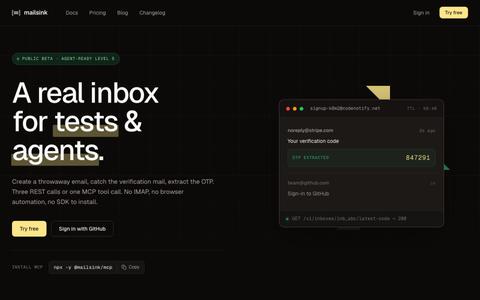 MailSink: temp email API for tests and AI agents — screenshot