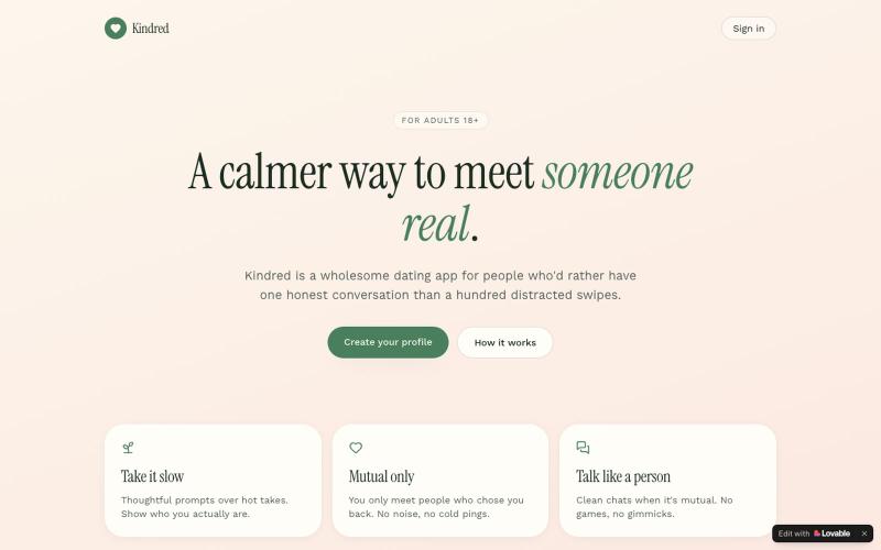 Kindred — a calmer way to meet someone — screenshot