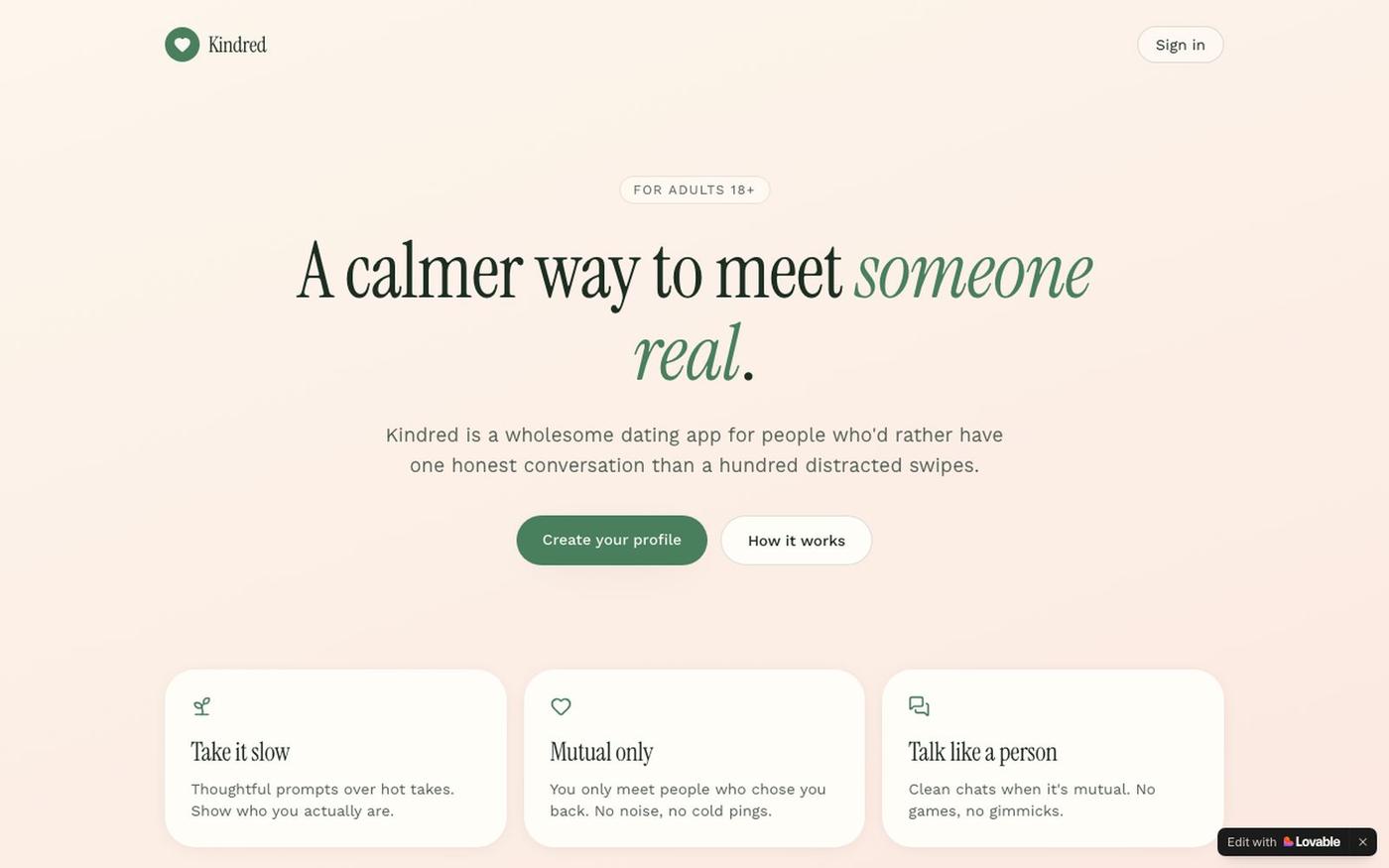 Kindred — a calmer way to meet someone — screenshot