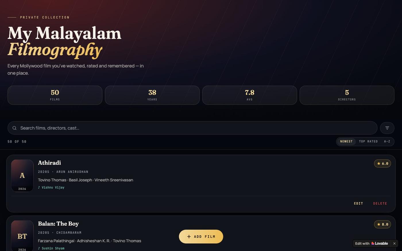 My Malayalam Filmography — Personal Mollywood Log — screenshot