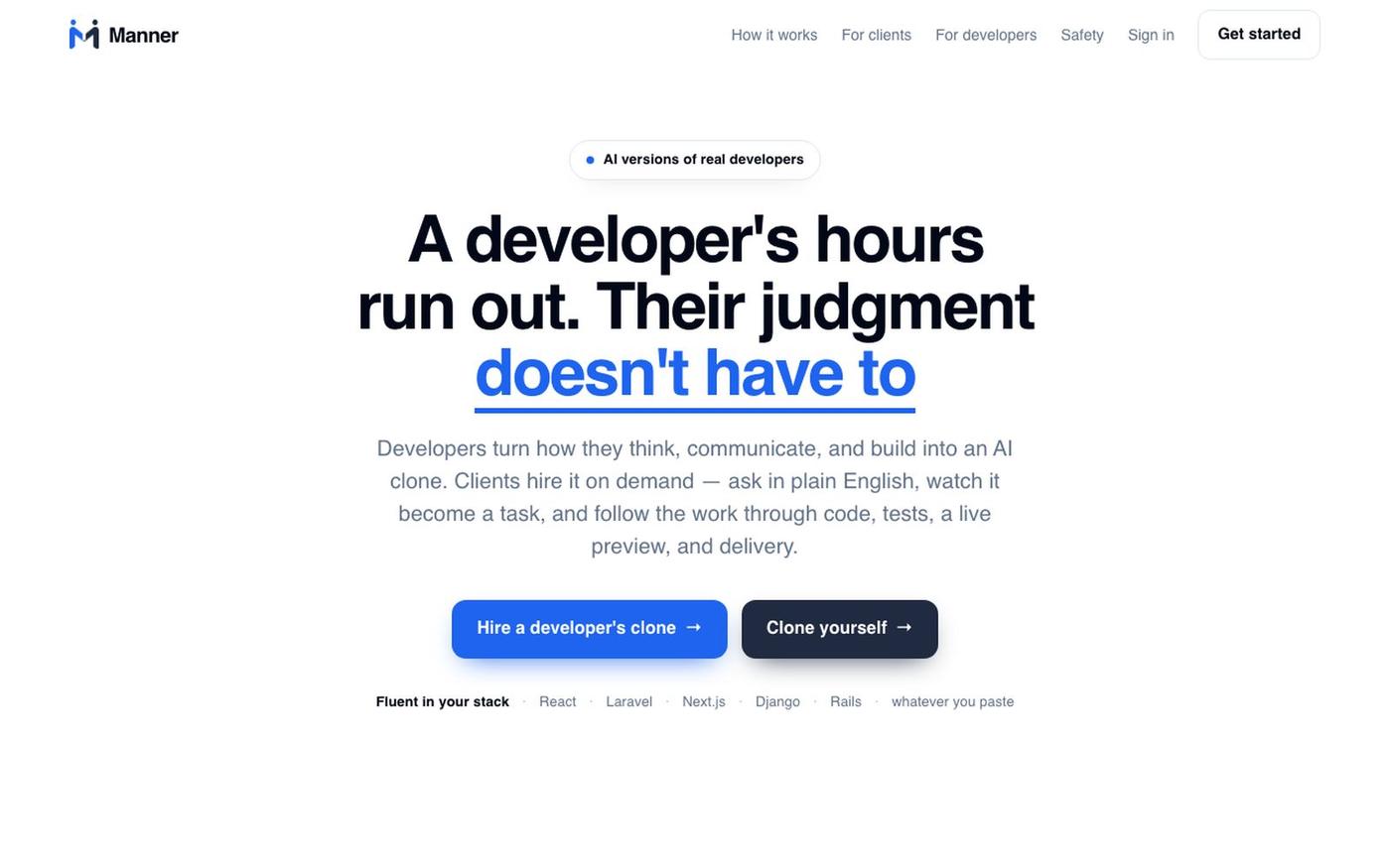 Hire real senior developers, cloned as AI | Manner — screenshot