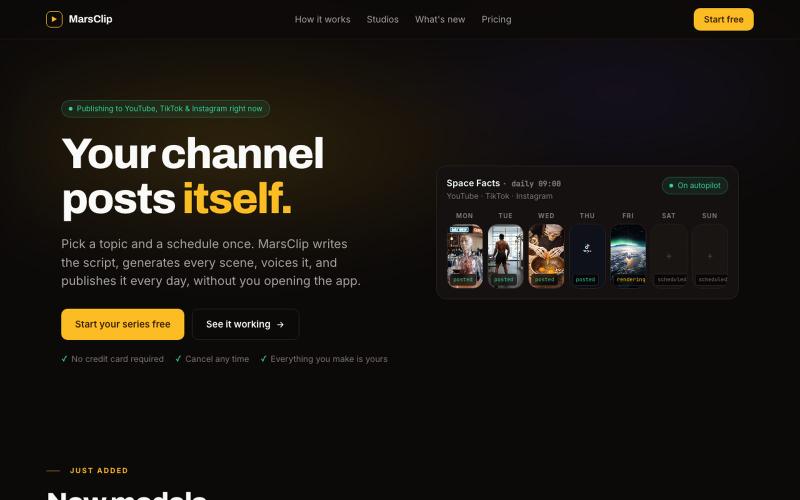 AI Faceless Video Generator: Your Channel Posts Itself | MarsClip — screenshot