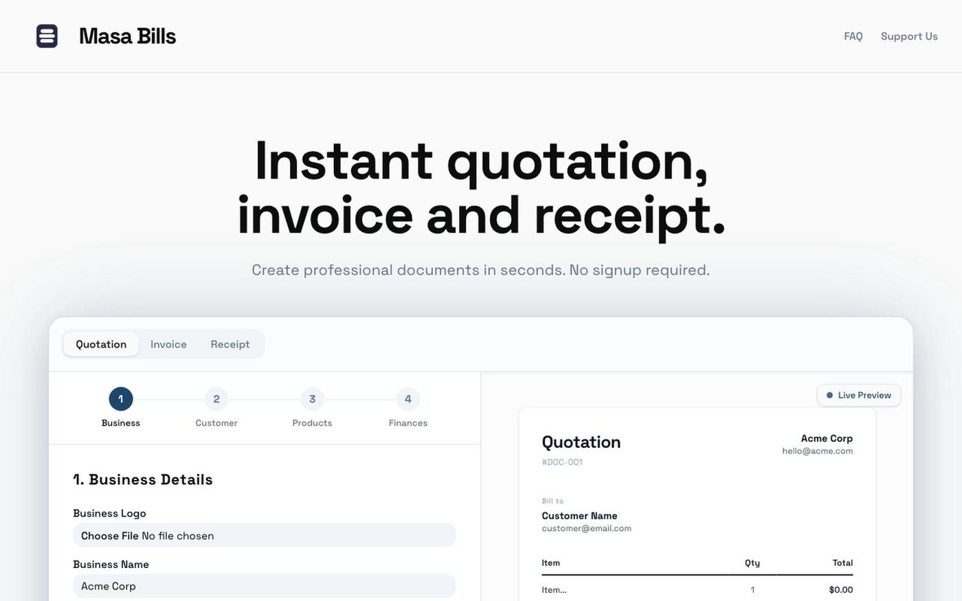 Masa Bills — Instant Quotation, Invoice & Receipt — screenshot