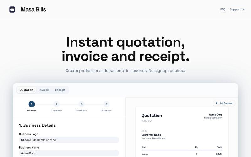 Masa Bills — Instant Quotation, Invoice & Receipt — screenshot