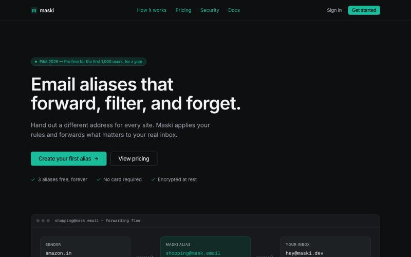 Maski — privacy-first email infrastructure — screenshot