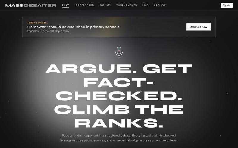 MASSDEBAITER — live video debates, fact-checked and AI-judged — screenshot