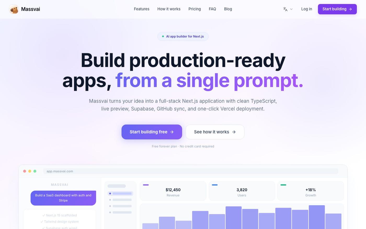 AI App Builder for Next.js, Supabase & Vercel | Massvai — screenshot