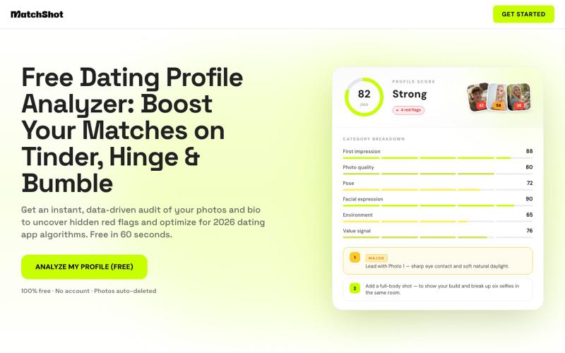 Free Dating Profile Analyzer | AI Tinder &amp; Hinge Audit | MatchShot — screenshot