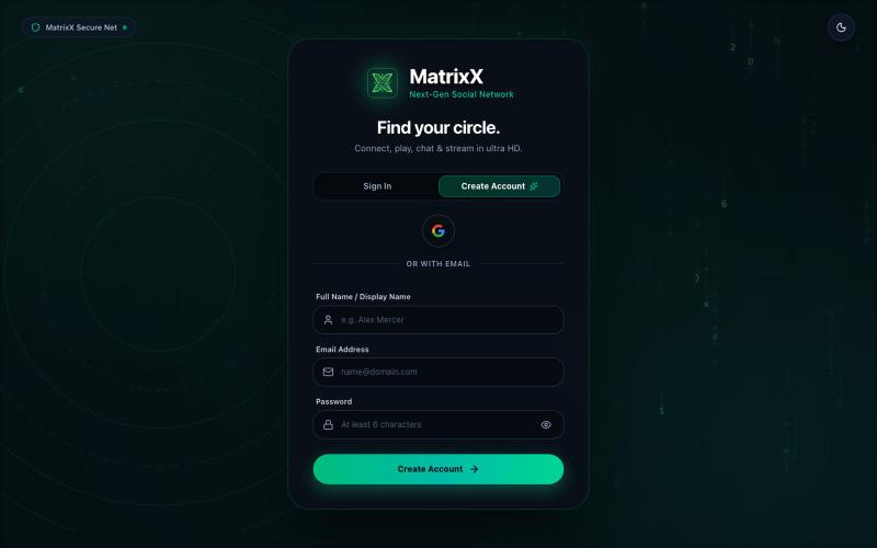 MatrixX — Next-Gen Real-Time Social Platform, Messenger & AI Network — screenshot