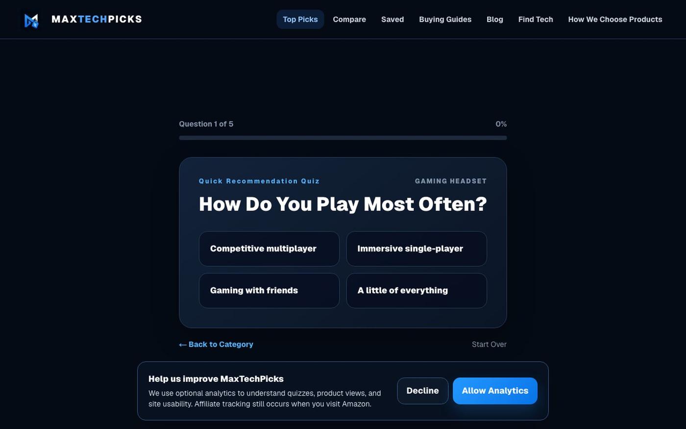 Find Your Gaming Headsets Quiz | MaxTechPicks | MaxTechPicks — screenshot