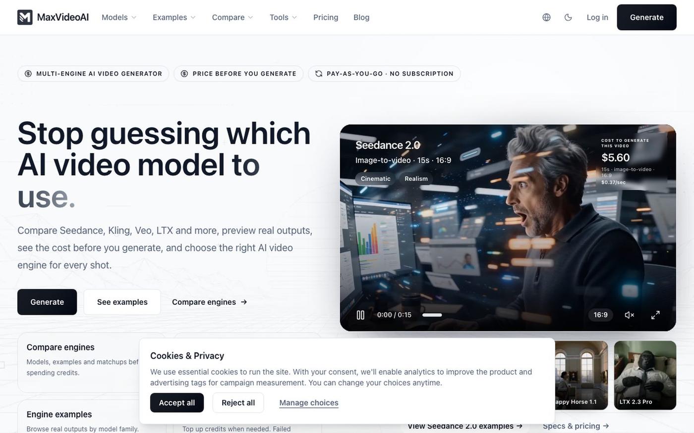 Pay-as-you-go AI Video Generator | MaxVideoAI — screenshot