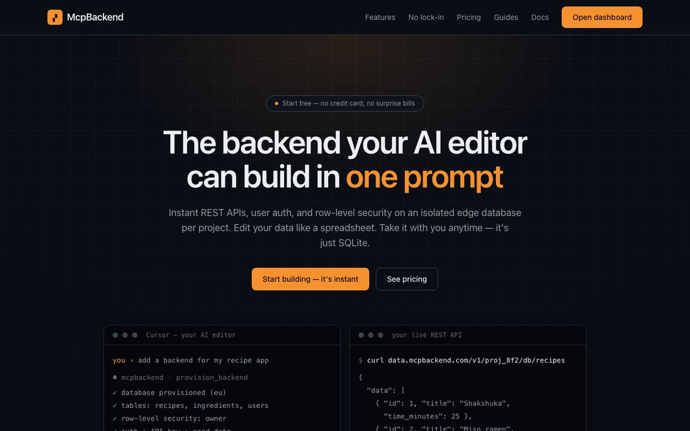 McpBackend: MCP Backend for AI Apps & Vibe Coding — screenshot