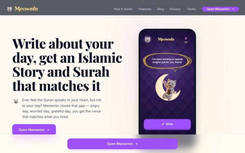 Meowmin — the AI journal for Muslims | Quran reflections & dhikr — screenshot