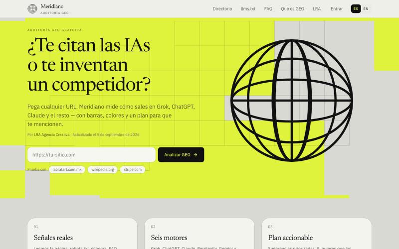 Meridiano — Cómo te citan Grok, ChatGPT y Claude — screenshot