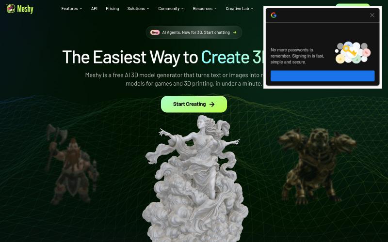 AI 3D Model Generator: Create 3D from Text & Images | Meshy — screenshot