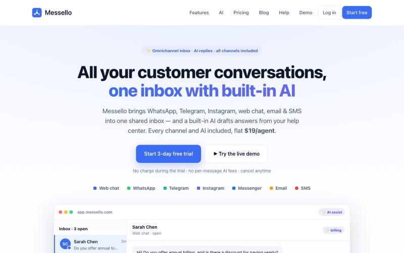 Omnichannel customer support with built-in AI — Messello — screenshot