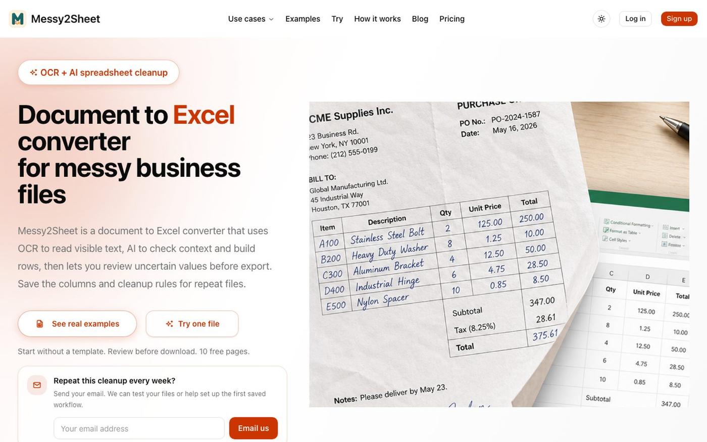 Document to Excel converter for messy business files | Messy2Sheet — screenshot