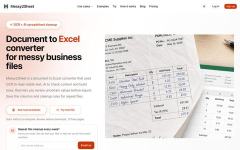 Document to Excel converter for messy business files | Messy2Sheet — screenshot