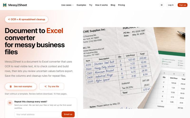 Document to Excel converter for messy business files | Messy2Sheet — screenshot