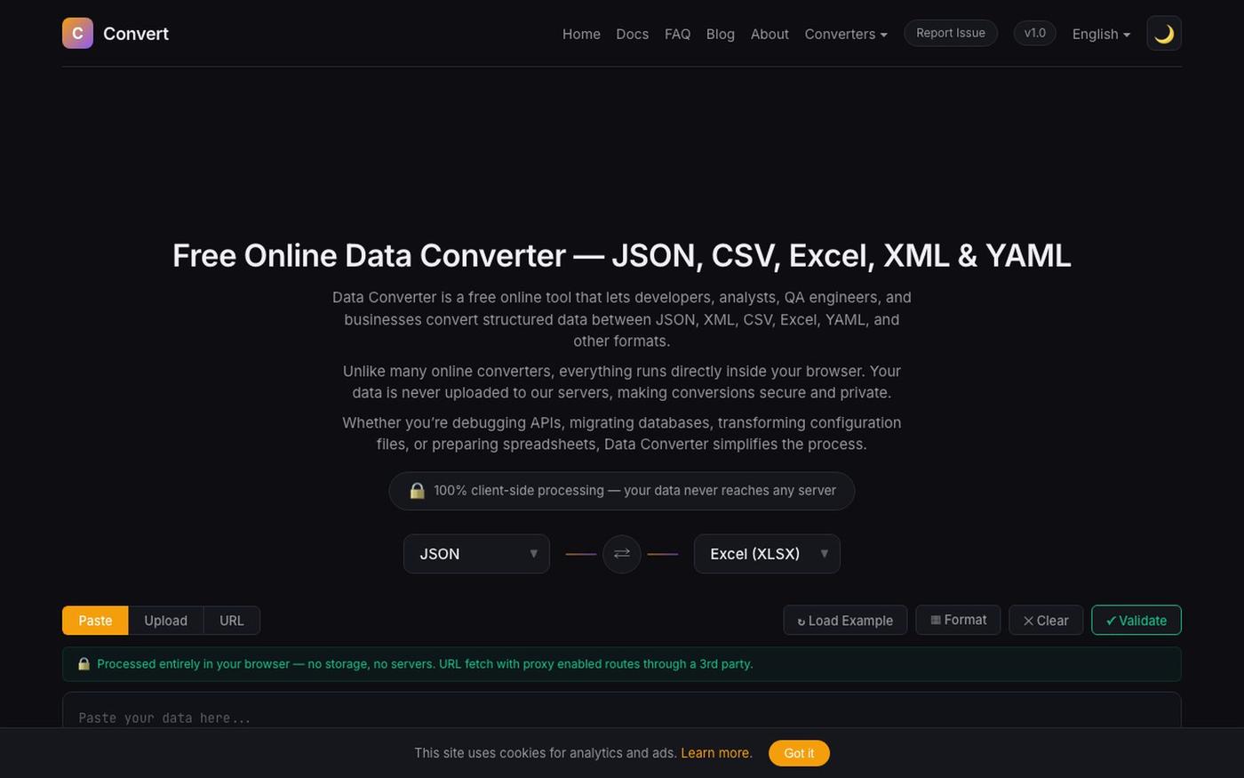 Free Online Data Converter — JSON, CSV, Excel, XML, YAML Tool - Data Converter — screenshot
