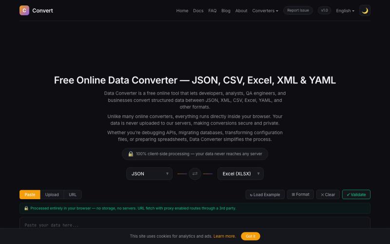 Free Online Data Converter — JSON, CSV, Excel, XML, YAML Tool - Data Converter — screenshot