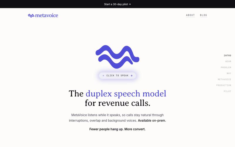 MetaVoice · The duplex speech model for revenue calls — screenshot