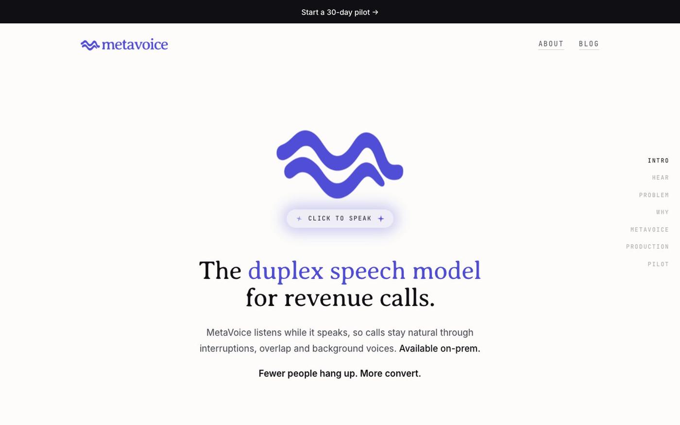 MetaVoice · The duplex speech model for revenue calls — screenshot