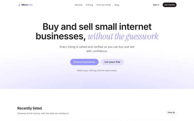 MicroExits: The best and most affordable place to buy and sell businesses — screenshot