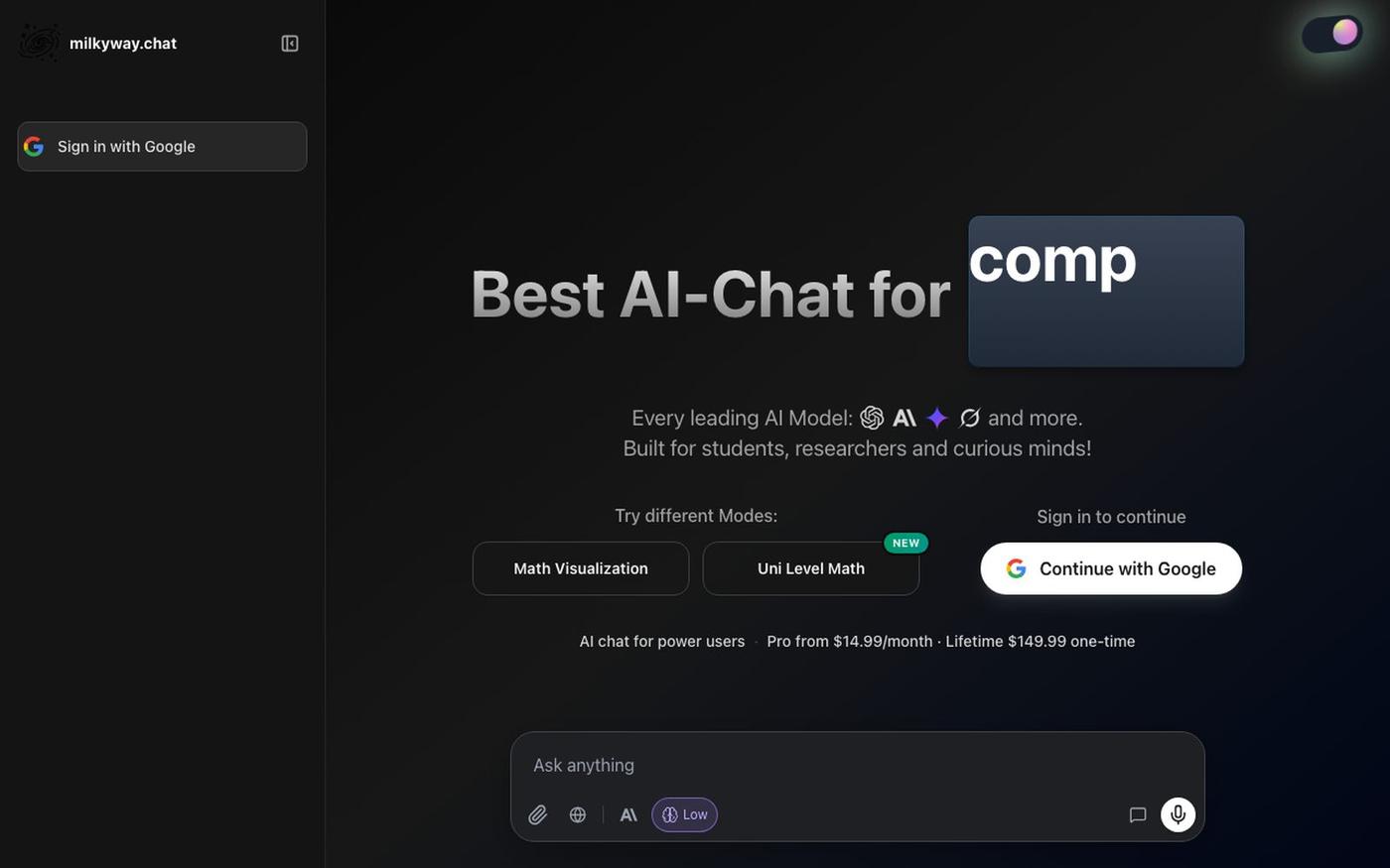 milkyway.chat — Best AI Chat for learning, math, coding & more — screenshot