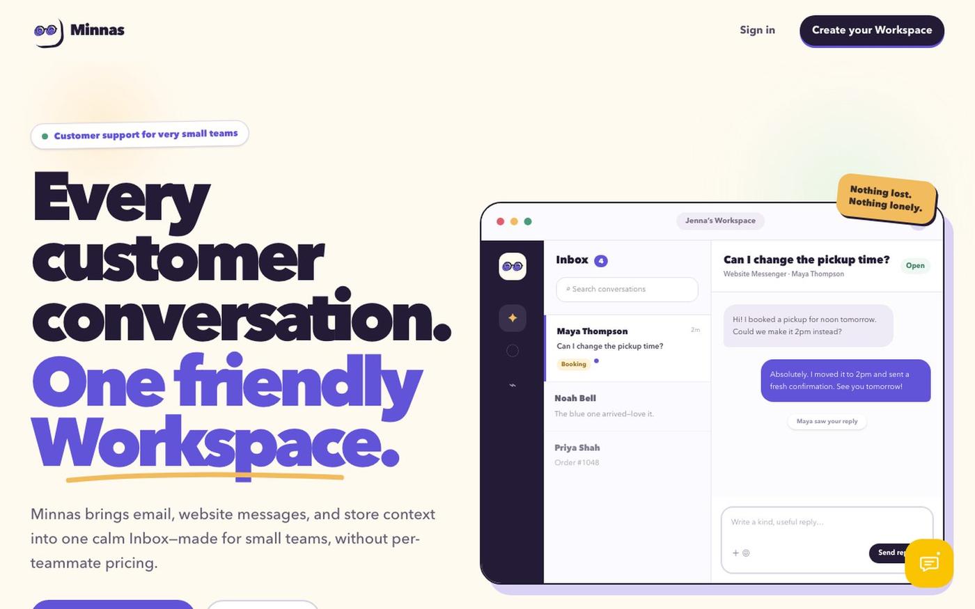 Minnas — Every customer conversation. One friendly Workspace. — screenshot