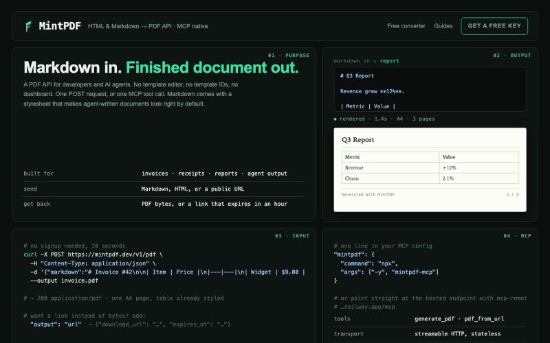 MintPDF — HTML & Markdown to PDF API for AI agents — screenshot
