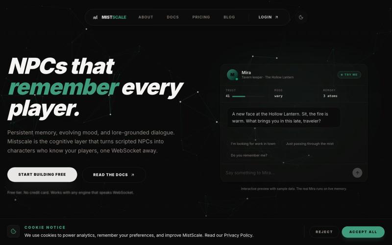 MistScale | AI NPC Platform — screenshot