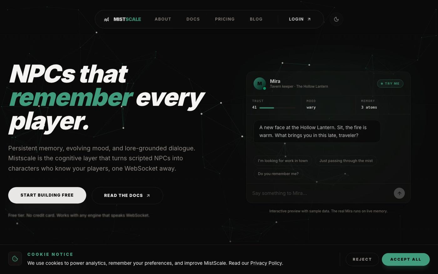MistScale | AI NPC Platform — screenshot