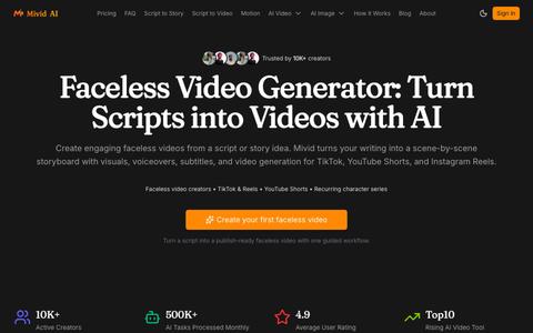 Faceless Video Generator | Create AI Faceless Videos | Mivid — screenshot