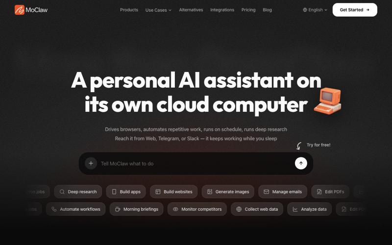 A personal AI assistant on its own cloud computer | MoClaw — screenshot