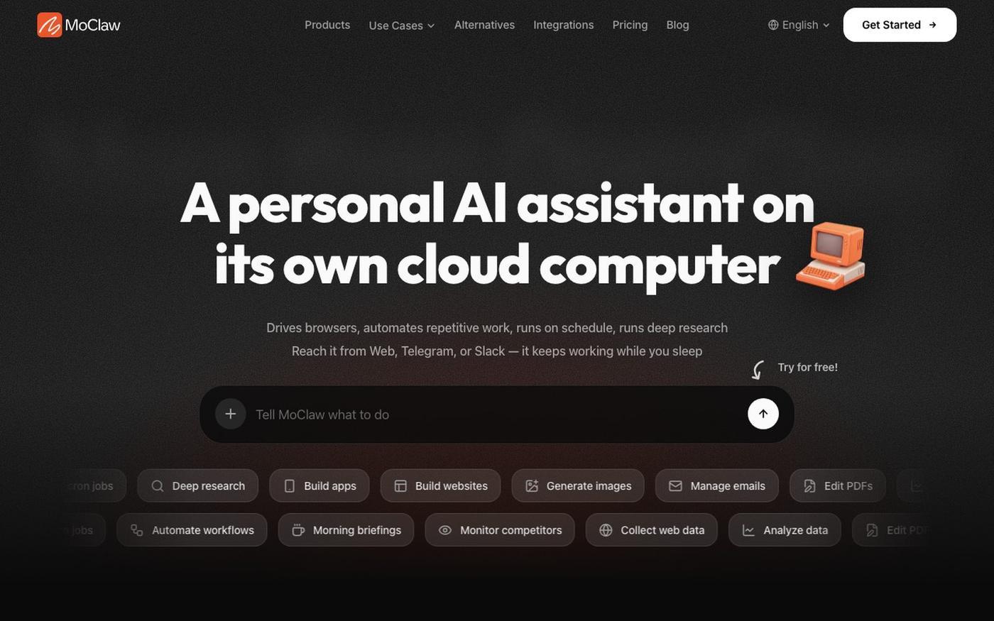 A personal AI assistant on its own cloud computer | MoClaw — screenshot