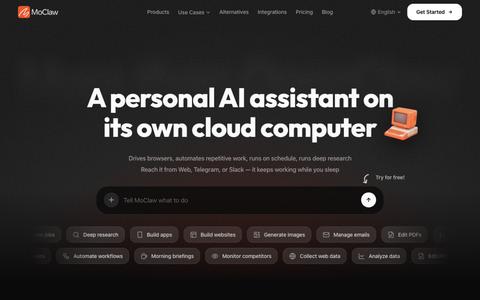 A personal AI assistant on its own cloud computer | MoClaw — screenshot