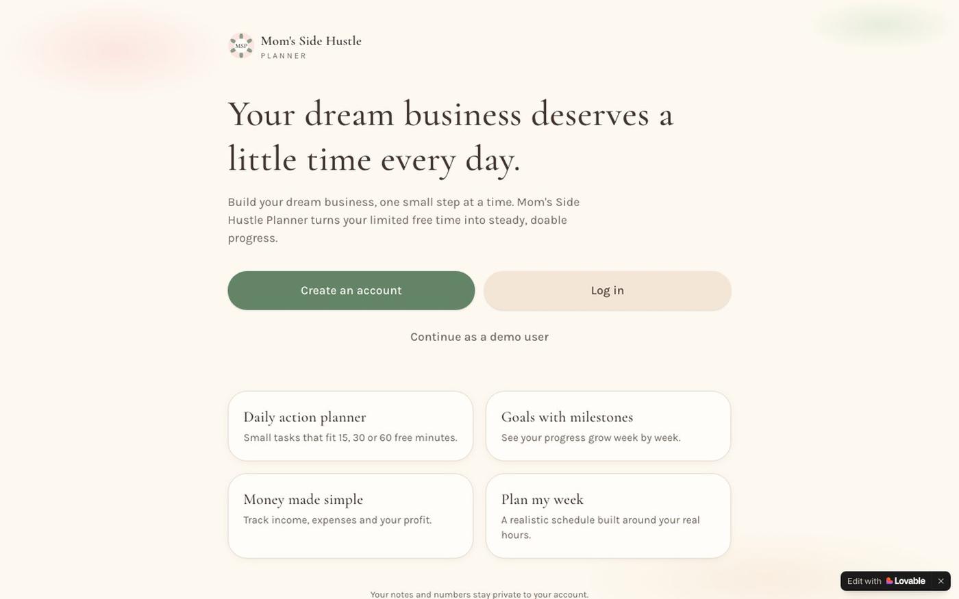 Mom's Side Hustle Planner — Plan your business in small steps — screenshot