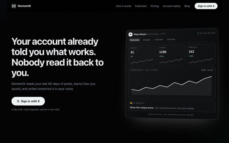 MomentX: the AI X growth tool that learns your voice — screenshot
