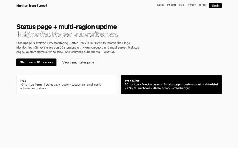 Monitor, from Synov8 — status page + uptime — screenshot