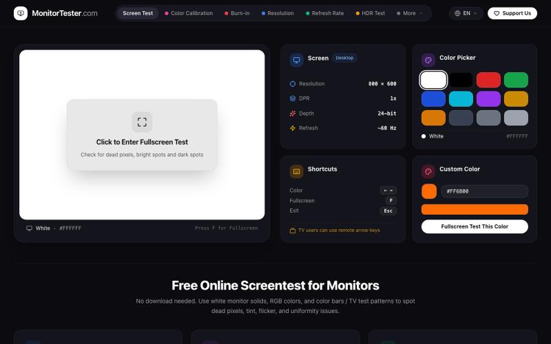 Screen Test - Free Online Monitor Tester | MonitorTester — screenshot