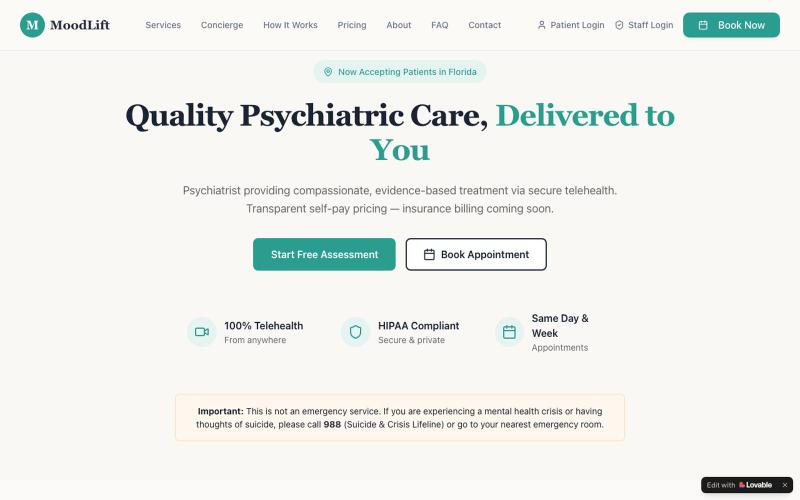 MoodLift Psychiatry — Telehealth Psychiatric Care in Florida — screenshot